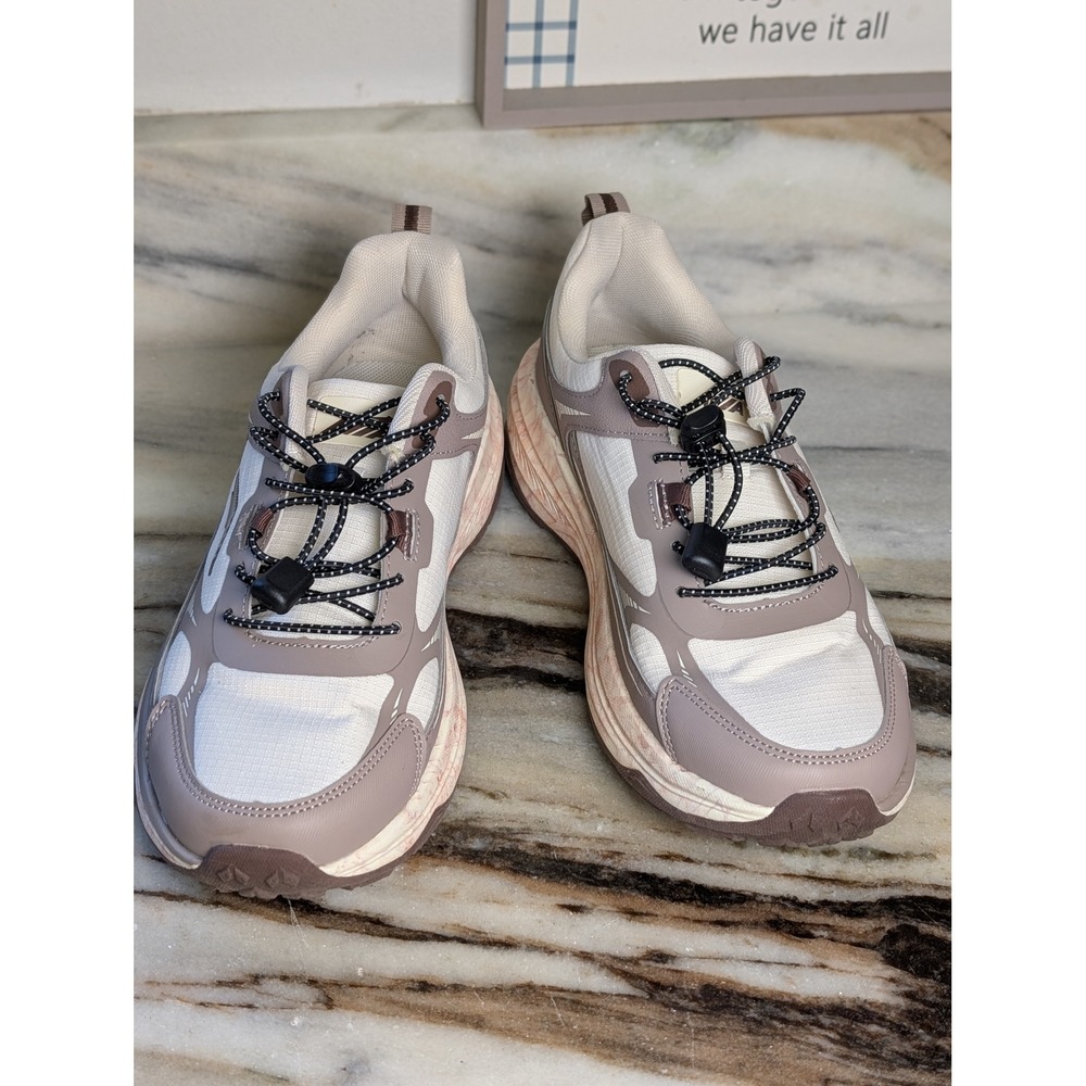 Womens Athletic Sneakers Cream‎ Taupe Marbled Sole Bungee Laces Hiker 8